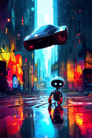 A futuristic cityscape at dusk with neon lights reflecting off wet pavement, a sleek silver hovercar soaring above a maze of towering skyscrapers and vibrant street art murals. In the foreground, a quirky robot stands proudly amidst a scattering of colorful graffiti cans and wires, its glowing blue eyes shining bright against the darkening urban backdrop.