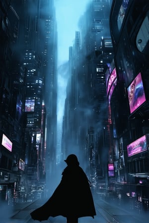 A dystopian metropolis shrouded in neon haze, towering skyscrapers piercing the smog-filled sky as cybernetic enhancements glow on the streets. A lone figure emerges, hood up, eyes obscured by mirrored shades, surrounded by swirling fog and flickering holographic advertisements, amidst a cityscape of steel and concrete.