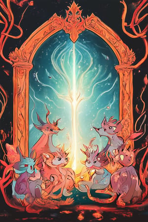 Vibrant illustration of whimsical fantasy creatures gathered around a glowing, ornate portal in a mystical realm. Softly lit by an ethereal glow emanating from the portal, the characters' expressions range from wonder to curiosity. A delicate balance of earthy tones and magical hues fills the composition, with intricate details woven throughout the scene.