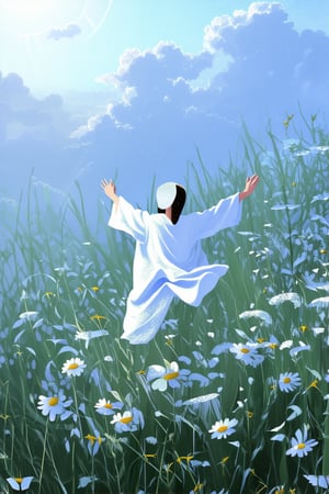 In a warm, sun-kissed meadow, a lone figure floats effortlessly amidst wispy clouds and delicate wildflowers. The subject, dressed in flowing white robes, stretches out their ethereal arms, as if embracing the sky itself. Soft focus and gentle lighting render the scene dreamy and surreal, with subtle hints of blue undertones to evoke an otherworldly essence.