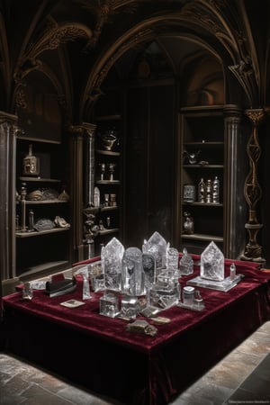 A dimly lit, ornate museum chamber with ancient artifacts on display. Shelves of dusty vials and mysterious relics stretch towards a vaulted ceiling adorned with intricate carvings. A lone curator, shrouded in shadows, carefully tends to a glowing crystal nestled within a velvet-lined pedestal.