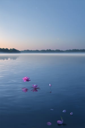 A misty dawn on a serene lake, with the sky above painted in hues of Ethereal DeepBlue. The water's calm surface reflects the vibrant colors, creating a sense of depth and dimensionality. A lone lotus flower floats gently, its delicate petals unfolding like a celestial message. Soft morning light filters through the mist, casting a warm glow on the tranquil scene.