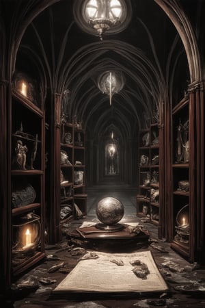 A mystical traditional museum setting: a dimly lit, ornate chamber filled with ancient artifacts and mysterious relics. Shelves of dusty tomes stretch towards the vaulted ceiling, lined with candles casting warm, golden light. A velvet-draped pedestal holds a glowing, crystal orb, surrounded by intricately carved wooden boxes. The air is thick with the scent of old parchment and whispers of forgotten lore.