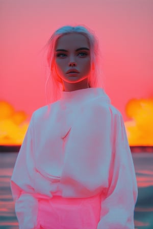 Vibrant pink hues dominate the frame as a powerful woman stands defiantly in front of a fiery orange sunset, her piercing gaze and sharp jawline exuding confidence. Soft focus highlights her determined expression, while the bold color palette creates a sense of urgency and intensity.