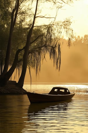 A serene Mandana Koka lake scene: a tranquil morning mist settles over the water's surface, as the sun rises behind a grove of slender palm trees. A lone wooden boat drifts gently on the lake's glassy calm, its wooden hull weathered to a warm honey brown. The surrounding landscape is bathed in soft golden light.