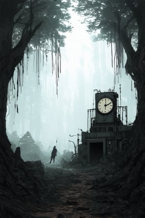 A dreamlike landscape unfolds: a melting clock dissolves into a foggy morning, amidst twisted tree roots and abandoned machinery. In the foreground, a lone figure in a suit and tie, arms outstretched, as if embracing the chaos, with a subtle smile hinting at acceptance of the absurd.