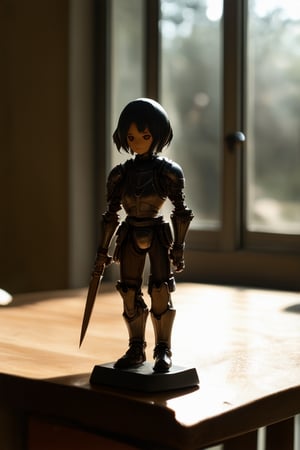 A still life of Flat Honor Chara figurine on a worn wooden desk, lit by soft morning sunlight streaming through a nearby window. The camera frames the figurine at eye level, with a shallow depth of field blurring the background. The lighting highlights the intricate details of the Chara's armor, casting a gentle glow on its heroic pose.