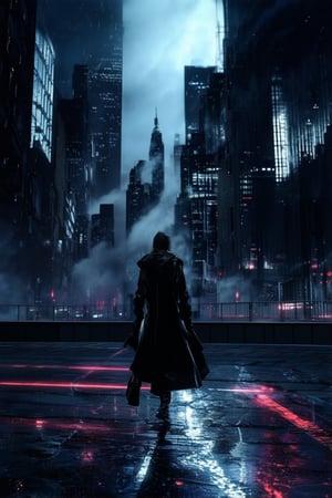 A futuristic cityscape at dusk, neon lights reflecting off wet asphalt as a lone figure in shades and leather jacket stands poised on a rooftop edge, gazing out into the misty darkness, city skyline blurred in the background, atmospheric haze of smoke and fog swirling around.