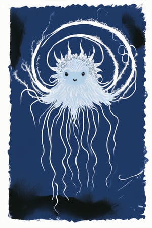 A whimsical illustration of a fantastical creature emerging from a swirl of dark ink, surrounded by wispy tendrils and delicate, lace-like patterns. The creature's ethereal form glows with an otherworldly light, set against a deep blue or indigo background. Framed by intricate borders of swirling ink.