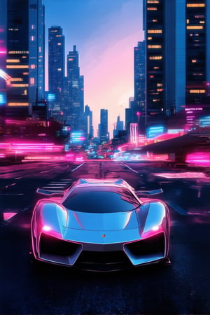 A futuristic cityscape at dusk, with a vibrant effect dominating the atmosphere. Neon lights of electric blue and hot pink hues radiate from towering skyscrapers, casting a kaleidoscope of colors across the pavement. A sleek, silver sports car zooms by, its headlights reflecting off the wet asphalt like a shimmering jewel.