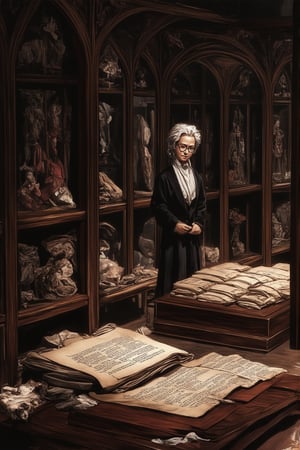 A mystical traditional museum scene: Ancient artifacts glow softly under warm golden lighting within a dimly lit chamber. Wooden shelves and ornate display cases frame vintage relics and mysterious texts. A serene, bespectacled curator stands amidst the treasures, hands clasped behind their back, as if guarding secrets of the past. The walls are adorned with intricate tapestries, while the air is thick with the scent of old parchment and whispered tales.