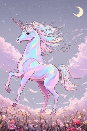 A whimsical scene unfolds: In a mystical realm, a flat, 2D world comes to life amidst swirling clouds of iridescent mist. A majestic unicorn, its horn shimmering with an ethereal glow, prances across the flat, textured landscape, as delicate, hand-painted flowers bloom around it. Soft, pastel hues dance across the sky, while a crescent moon casts a gentle, silver light upon the enchanting scene.