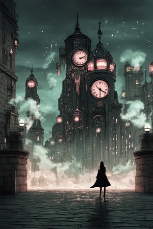 A surreal design prompt! Here's a coherent stablediffusion prompt:

A dreamlike cityscape at dusk, with melting clocks and warped buildings. A figure in the distance, surrounded by swirling smoke, reaches out to grasp a fragmented mirror reflecting a distorted landscape. Softly glowing neon lights illuminate the foggy atmosphere, casting eerie shadows on the pavement.