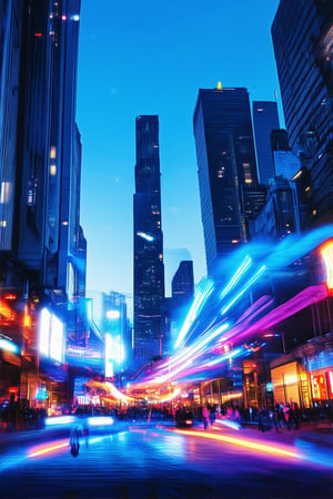 A bold, vibrant effect dominates the scene as a bright, electric blue light wraps around a futuristic cityscape at dusk. Neon hues dance across towering skyscrapers and bustling streets, casting an otherworldly glow on pedestrians and vehicles. The camera zooms in on a dynamic composition of shapes and colors, emphasizing the kinetic energy of this urban playground.