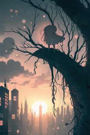 A dreamlike cityscape dissolves into swirling clouds at sunset, as a mystical anime heroine with intricate hairstyles and glowing auras stands atop a wispy tree branch, arms outstretched and eyes closed, surrounded by ethereal orbs that refract light like stained glass windows.