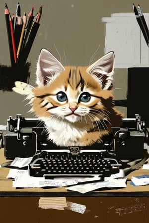 A whimsical ink illustration depicts a curious kitten sitting on a vintage typewriter, surrounded by scattered papers and pens. Soft, feathery brushstrokes render the kitten's fur as it gazes up at a fluttering butterfly perched on the machine's keys. Warm golden light illuminates the scene, casting long shadows across the distressed wooden desk.