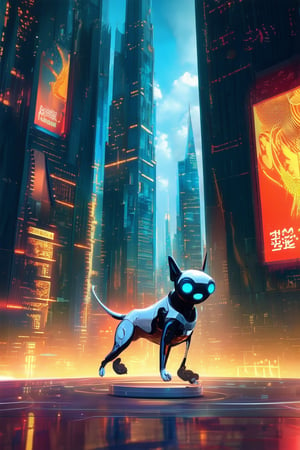 A futuristic cityscape with neon-lit skyscrapers and holographic advertisements swirling in mid-air. In the foreground, a sleek, silver robotic dog sits on a metallic pedestal, its LED eyes glowing bright blue as it gazes up at a towering, angular building with a mesmerizing display of digital patterns.