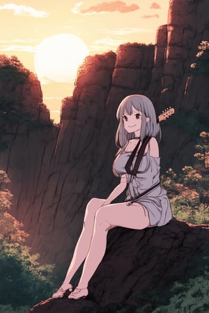 A serene landscape portrait of Flat from the popular anime series 'Honor Chara', set against a warm sunset background with soft orange and pink hues. Flat sits calmly on a rock formation, surrounded by lush greenery, with a gentle smile on her face. Her iconic guitar slung over her shoulder, she exudes a sense of peace and tranquility.