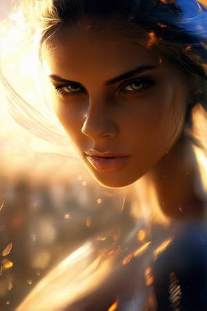 A woman with a fierce gaze, her eyes blazing like fiery coals, her eyebrows arched in intensity as she stands confidently in front of a cityscape at dusk, the golden light of the setting sun casting long shadows across her strong features, her lips pursed into a determined line, her entire presence radiating unyielding power.