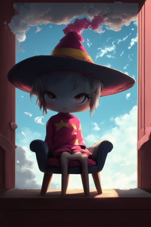 A whimsical illustration of a tiny, endearing chibi character, no larger than a thumb, perched on a miniature chair in a cozy, sunlit nook. Soft, rounded features and bright, shining eyes captivate the viewer's attention as the little hero sits with crossed legs, wearing a jaunty hat and a mischievous grin, surrounded by fluffy clouds and gentle, wispy smoke.