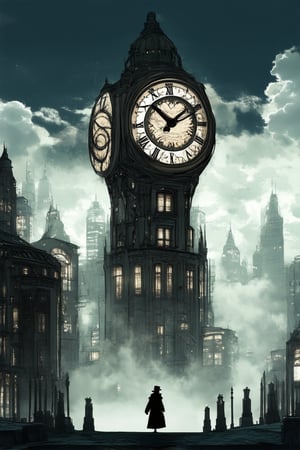 A dreamlike scene: a giant clock face with swirling clouds and distorted timepieces amidst a cityscape's skyscrapers at dusk, as a lone figure in a top hat and coat stands frozen, grasping the hour hand of the massive clock, surrounded by fog-shrouded buildings and neon lights.