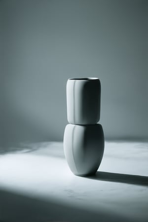 A minimalist still life setup features a sleek, modern vase sitting atop a flat, matte white background. The vase's clean lines and rectangular shape create a sense of harmony with the surrounding space. Soft, diffused lighting illuminates the entire scene, eliminating any distractions or visual clutter.