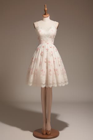 Seasonal floral dress on a mannequin, full body, lace-trimmed dress, solo, petticoat