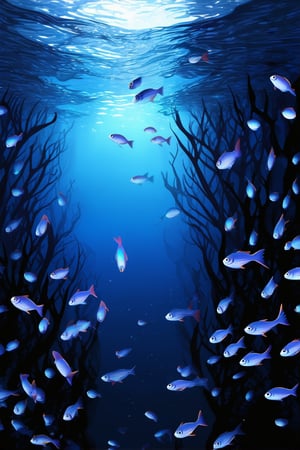 A serene underwater scene: a majestic deep blue abyss stretches into infinity, illuminated by soft sunlight filtering through seaweed-covered rocks. A school of iridescent fish dart and weave around the lens, their shimmering scales reflecting hues of indigo and sapphire. The ethereal atmosphere is filled with gentle ripples, as if the ocean itself is whispering secrets to the surface.