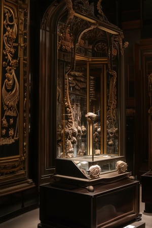 A dimly lit, ornate museum interior with intricate wooden carvings and ancient tapestries adorning the walls. A mystical aura surrounds a glass case containing an ancient, mysterious artifact, shrouded in soft, golden light. A sense of reverence and wonder emanates from the carefully curated exhibits, transporting visitors to a bygone era.