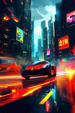 A whimsical illustration of a futuristic cityscape at dusk, with neon lights reflecting off a sleek, metallic road. A gleaming, aerodynamic sports car speeds by, leaving a trail of sparks and smoke behind it. The surrounding skyscrapers' LED billboards display abstract shapes and swirling patterns in shimmering hues.