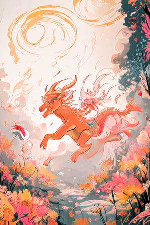 A whimsical, mystical flat art piece depicts a fantastical realm where mythical creatures frolic amidst swirling mist and vibrant flora. Soft, ethereal lighting bathes the scene, casting an otherworldly glow on the dreamy landscape. A delicate, shimmering aura surrounds each character, imbuing the artwork with an enchanting sense of wonder.