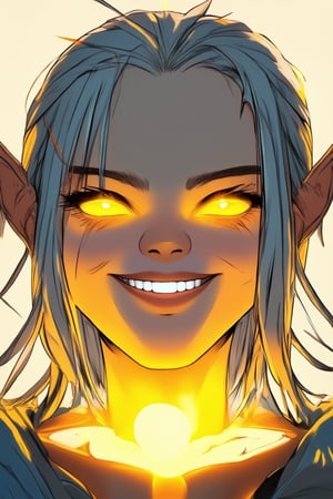 A close-up shot of Solak's face, lit by a warm golden light, with vibrant yellow hues highlighting her bright smile and sparkling eyes. Her skin glows with a subtle sheen, as if kissed by the sun. The background is a soft, creamy white, allowing Solak's radiant features to take center stage.