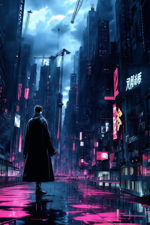 A futuristic cityscape at dusk, neon lights reflecting off wet pavement as a lone figure in a leather trench coat and shades stands atop a skyscraper's rooftop, gazing out upon the hazy metropolis. Flickering holographic advertisements dance across the darkened sky, while abandoned construction cranes pierce the clouds like skeletal fingers.