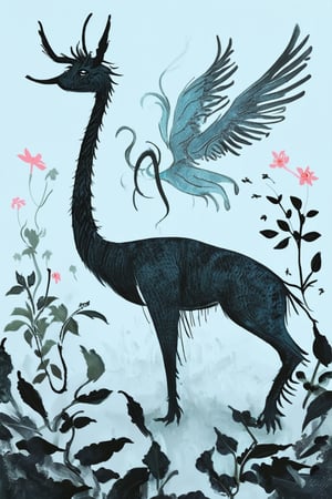 A whimsical ink illustration depicting a fantastical creature, surrounded by lush greenery, with intricate details and textures created through bold brushstrokes. The creature's long neck bends towards a delicate flower, its petals unfolding like tiny wings, as the background softly fades to a misty blue.