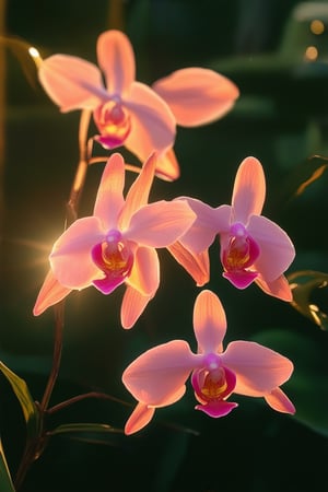 A close-up shot of a fiery pink orchid's delicate petals, set against a dark green leafy background, with the warm golden light of a sunset filtering through the foliage. The intense pink hue is almost blinding, drawing attention to its intricate details and subtle texture.