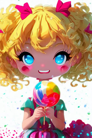 A whimsical close-up of a chibi character, featuring bright blue eyes and curly blonde hair, set against a soft white background with subtle sparkles. The character's rosy cheeks are flushed with excitement as they pose with a giant lollipop in hand, their tiny hands grasping the colorful treat with glee.