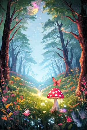 A whimsical flat art scene: A mystical portal glows softly in a lush forest clearing, surrounded by towering trees and vibrant wildflowers. A curious fairy perches on a toadstool, gazing wistfully at the shimmering entrance. Delicate mist swirls around the edges, casting an ethereal ambiance.