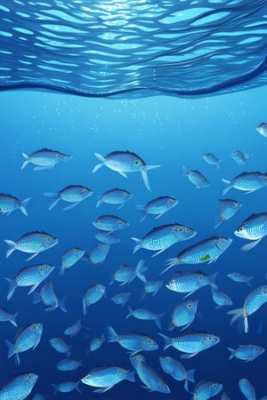 A serene underwater scene: a majestic deep blue ocean stretches out to the horizon, with gentle ripples caressing the surface. A school of iridescent fish dart and weave through the crystal-clear waters, their ethereal scales shimmering in harmony with the soft sunlight filtering down from above.