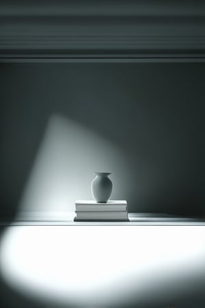 A minimalist still life setup on a flat, even surface. A single object, such as a book or vase, sits centered against a blank white background. The lighting is soft and diffused, with no harsh shadows or highlights. The composition is clean and simple, with the subject's edges aligned to the frame's borders.