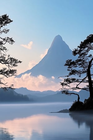 A serene Mandana Koka landscape: A misty dawn breaks over the tranquil lake's surface, reflecting the soft hues of a sky painted with wispy clouds. In the distance, the majestic mountains rise, their peaks shrouded in a veil of fog. The trees surrounding the lake stand tall, their branches etched against the sky like delicate brushstrokes.