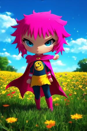 A whimsical chibi character stands in a sunny meadow, surrounded by vibrant wildflowers. The tiny hero, with bright pink hair and a mischievous grin, wears a miniature superhero cape flowing behind. Soft, warm light illuminates the scene, casting a gentle glow on the lush green grass. Framed by a bright blue sky dotted with fluffy white clouds, this playful pose exudes joy and playfulness.