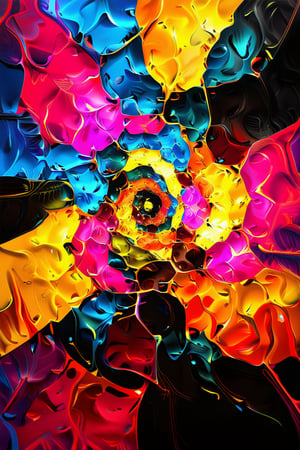 A vibrant, abstract art piece features swirling patterns of bright pink, electric blue, and sunshine yellow on a sleek black background. Geometric shapes and lines dance across the canvas in chaotic harmony, as if a kaleidoscope exploded into a mesmerizing design.