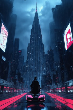 A neon-drenched cityscape at dusk, with towering skyscrapers and holographic advertisements reflected in a rain-soaked street. A lone figure, dressed in a sleek black jumpsuit, stands atop a hovercar, gazing out at the smog-filled horizon. The air is thick with misty fog, illuminated by flashes of blue and red LED lights. In the background, a massive corporate tower pierces the clouds, its peak shrouded in an ethereal glow.