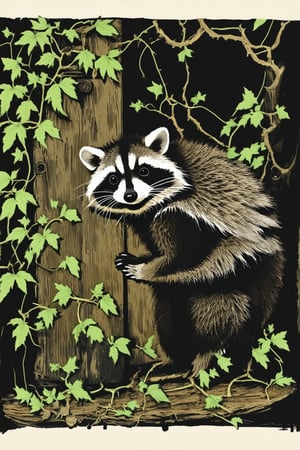 A whimsical ink illustration of a curious raccoon perched on a vintage wooden door, surrounded by lush green foliage and wispy vines. The raccoon's masked face is tilted upwards, as if examining the intricate carvings on the door's surface. Soft, warm lighting casts subtle shadows, while the composition guides the viewer's eye to the raccoon's inquisitive expression.