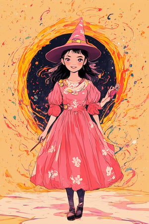 A whimsical flat art illustration of a young witch standing in front of a vibrant, glowing portal, surrounded by swirling mist and colorful sparks. She wears a bright pink dress with white flowers and has a wand in hand, casting a magical glow around her as she gazes out at the viewer with a curious smile. The background is a warm golden yellow, with subtle texture resembling ancient parchment.