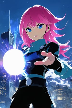 A vibrant, 2D-inspired anime scene with a futuristic cityscape in the background, where a young protagonist with bright pink hair and bold blue eyes stands confidently, dressed in a sleek black outfit adorned with metallic accents. The framing captures their dynamic pose, with one hand grasping a glowing energy orb and the other extended as if beckoning viewers to join them on this thrilling adventure.