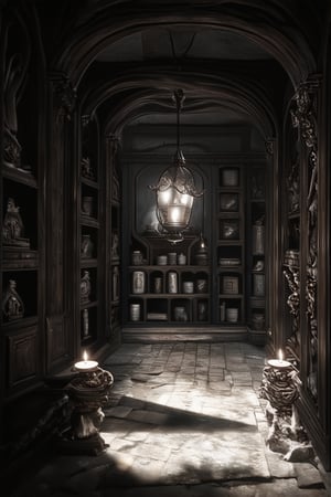 A dimly lit, ancient chamber within a mystical traditional museum, with intricately carved wooden cabinets and worn stone floors. Shelves upon shelves of dusty artifacts, mysterious relics, and forgotten scrolls fill the space, casting long shadows under flickering candlelight. A lone, ornate lantern hangs from the vaulted ceiling, illuminating a central pedestal displaying an enigmatic, glowing artifact.