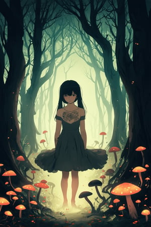 A dreamlike anime scene unfolds: A whimsical girl with intricate, swirling tattoos on her arms and legs sits amidst a fantastical forest of glowing mushrooms, their soft luminescence casting an ethereal glow. Her hair flows like tendrils of vines, blending seamlessly into the eerie silence. In the background, surreal creatures dance among the fungal growths, as if drawn to her enigmatic aura.