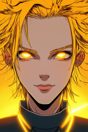 A close-up shot of Solak's face, with vibrant yellow hues illuminating their features against a warm, golden background. The lighting is soft and natural, with subtle highlights accentuating the curves of their smile. Solak's eyes sparkle with brightness, as they gaze directly at the camera, their bright yellow hair framing their face in a messy, effortless style.