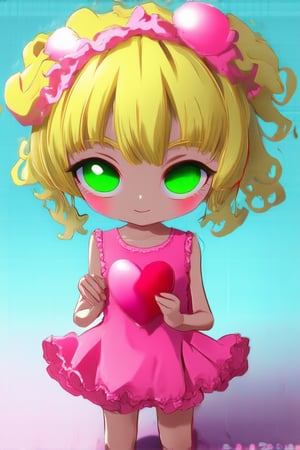 Close-up shot of a small, adorable chibi character with bright green eyes and curly blonde hair, wearing a pink dress and holding a tiny heart-shaped balloon. Soft, pastel-colored background with subtle gradient effect. Character's facial expression is sweet and innocent, with a slight smile playing on their lips.